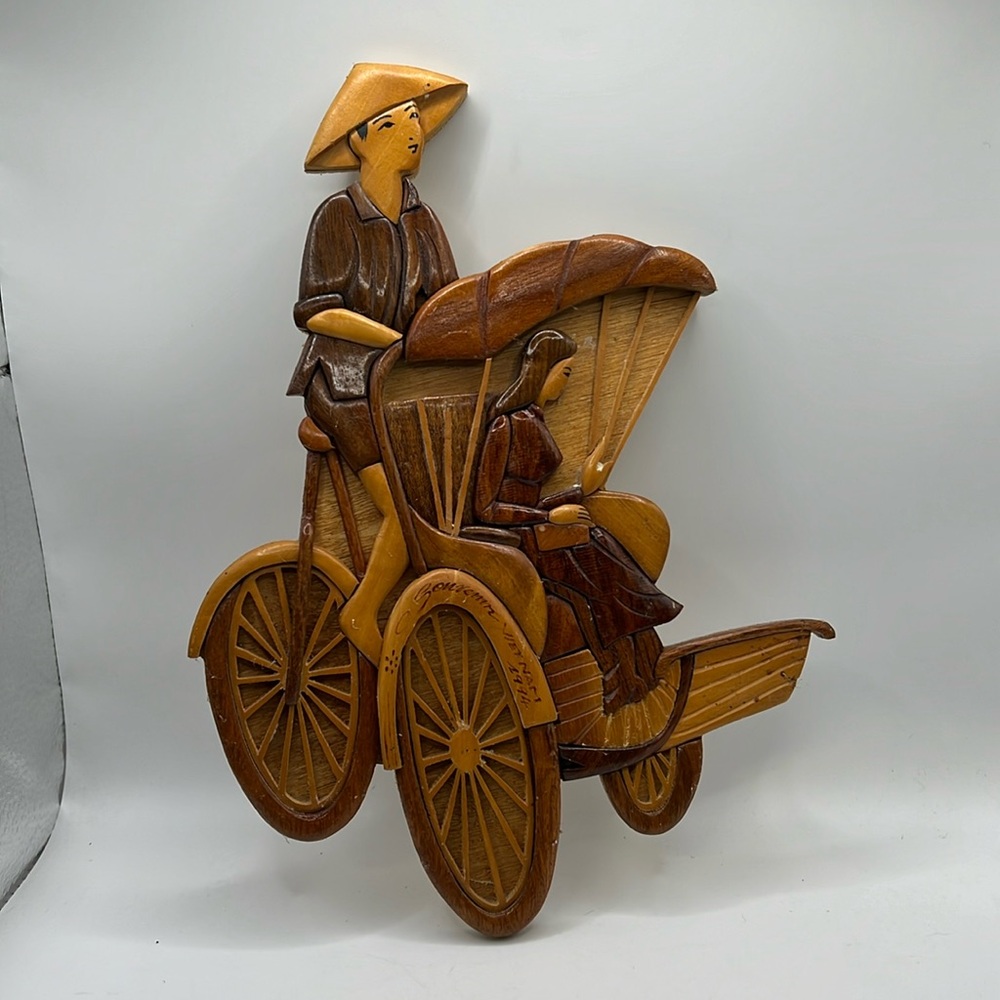 Vintage Hand Carved Wood Art Vietnam 1994 Bike Sign Plaque Man Women Decor Brown